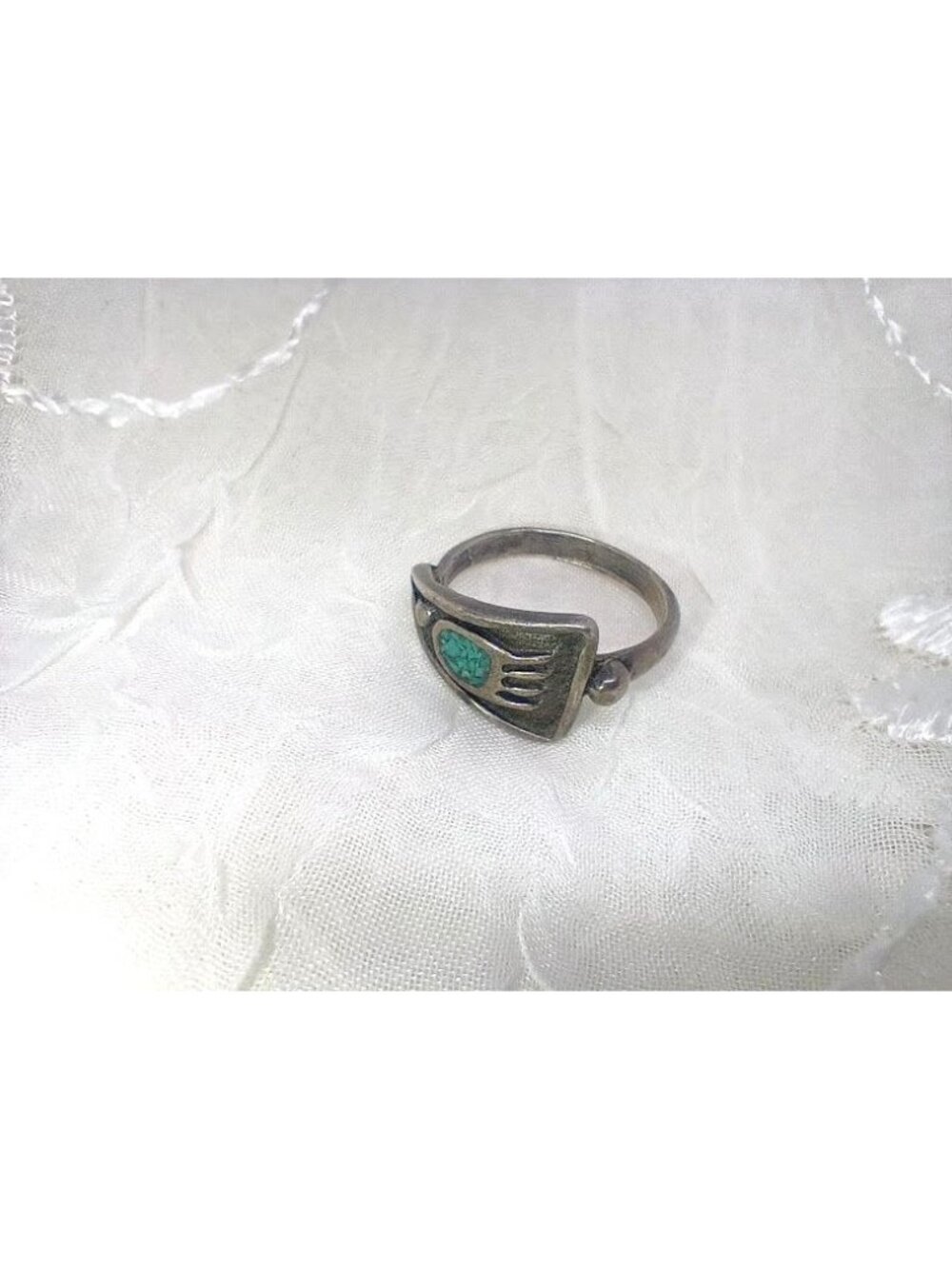 Vintage Sterling Silver Native Navajo Bear Claw Ring Turquoise Stone - Size 6.25 - Picture 2 of 6